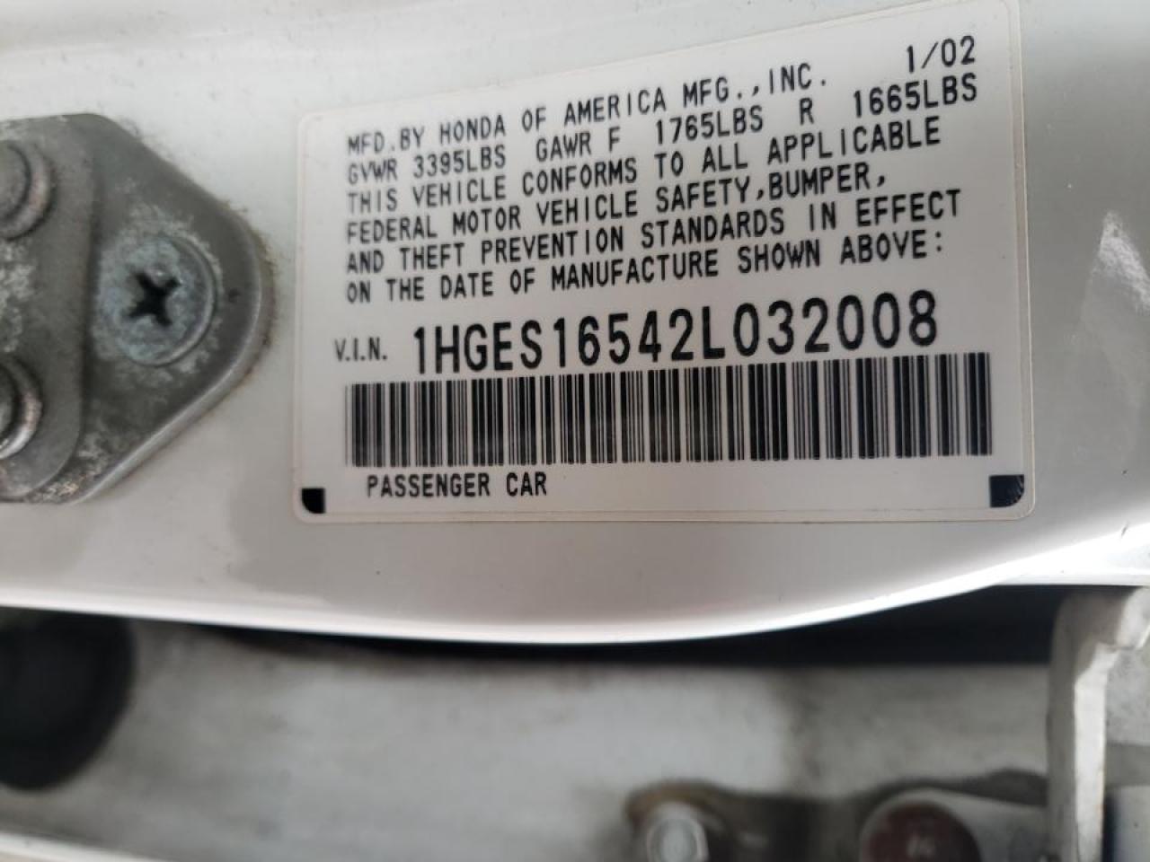 Photo 10 from auction – 2002 HONDA CIVIC LX with VIN 1HGES16542L032008