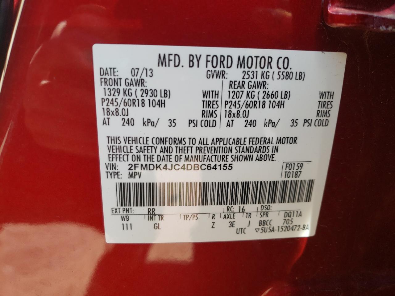 Photo 10 from auction – 2013 FORD EDGE SEL with VIN 2FMDK4JC4DBC64155