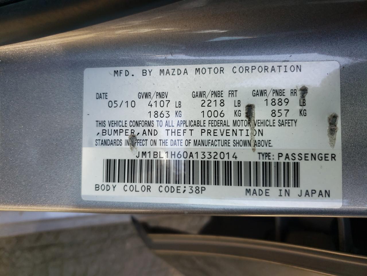 Photo 10 from auction – 2010 MAZDA 3 S with VIN JM1BL1H60A1332014