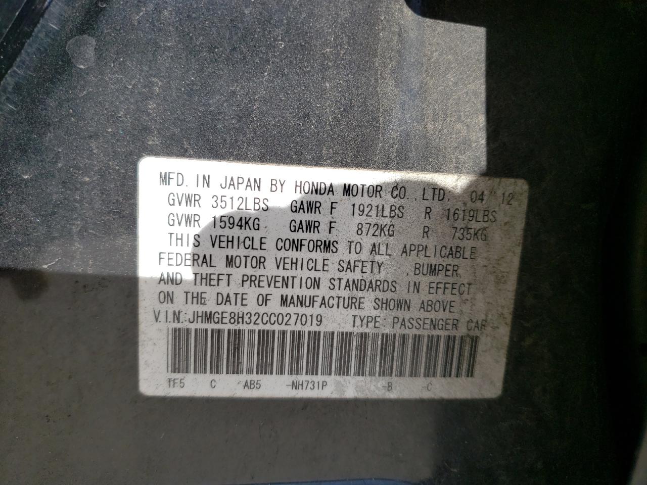 Photo 10 from auction – 2012 HONDA FIT with VIN JHMGE8H32CC027019