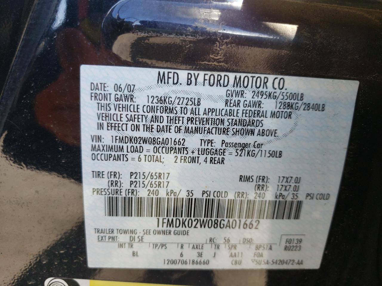 Photo 10 from auction – 2008 FORD TAURUS X S with VIN 1FMDK02W08GA01662
