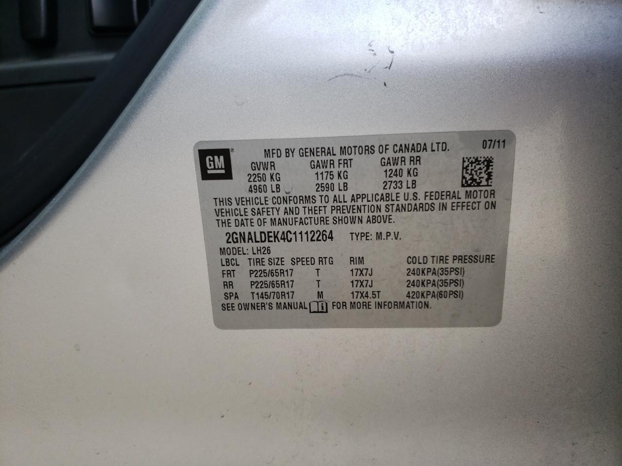 Photo 10 from auction – 2012 CHEVROLET EQUINOX LT with VIN 2GNALDEK4C1112264