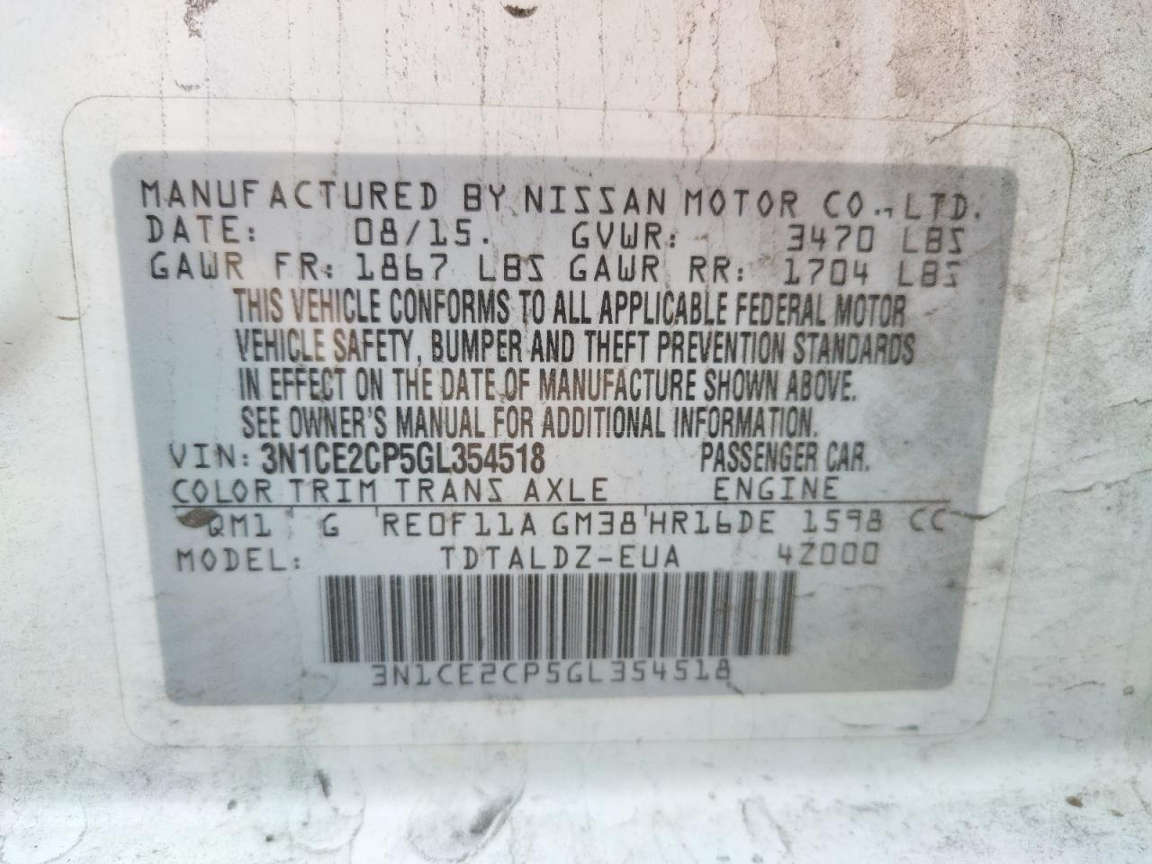 Photo 10 from auction – 2016 NISSAN VERSA NOTE with VIN 3N1CE2CP5GL354518