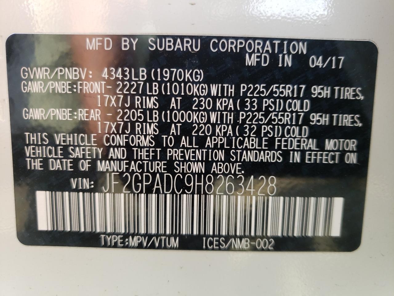 Photo 10 from auction – 2017 SUBARU CROSSTREK with VIN JF2GPADC9H8263428