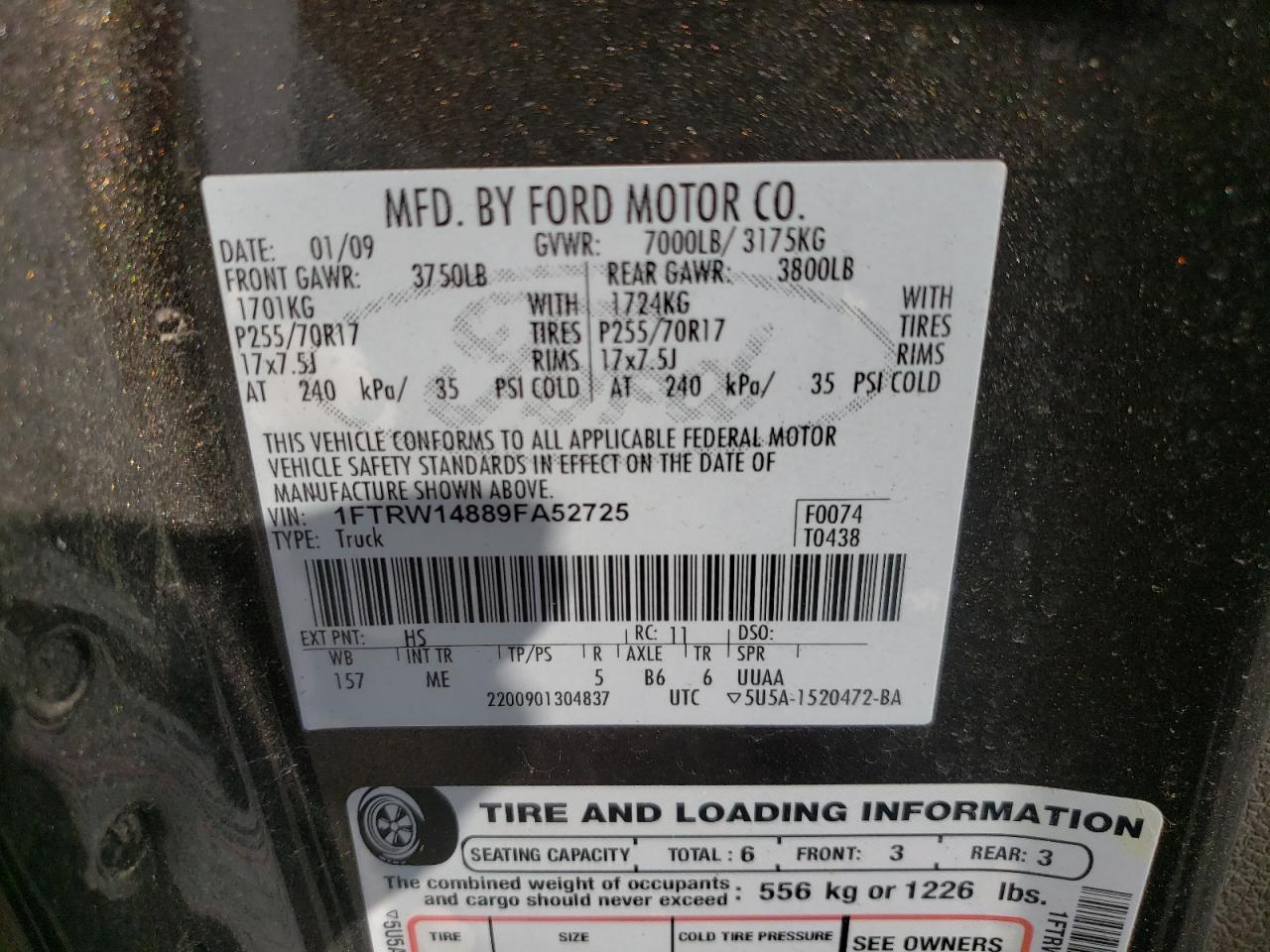 Photo 10 from auction – 2009 FORD F150 SUPER with VIN 1FTRW14889FA52725