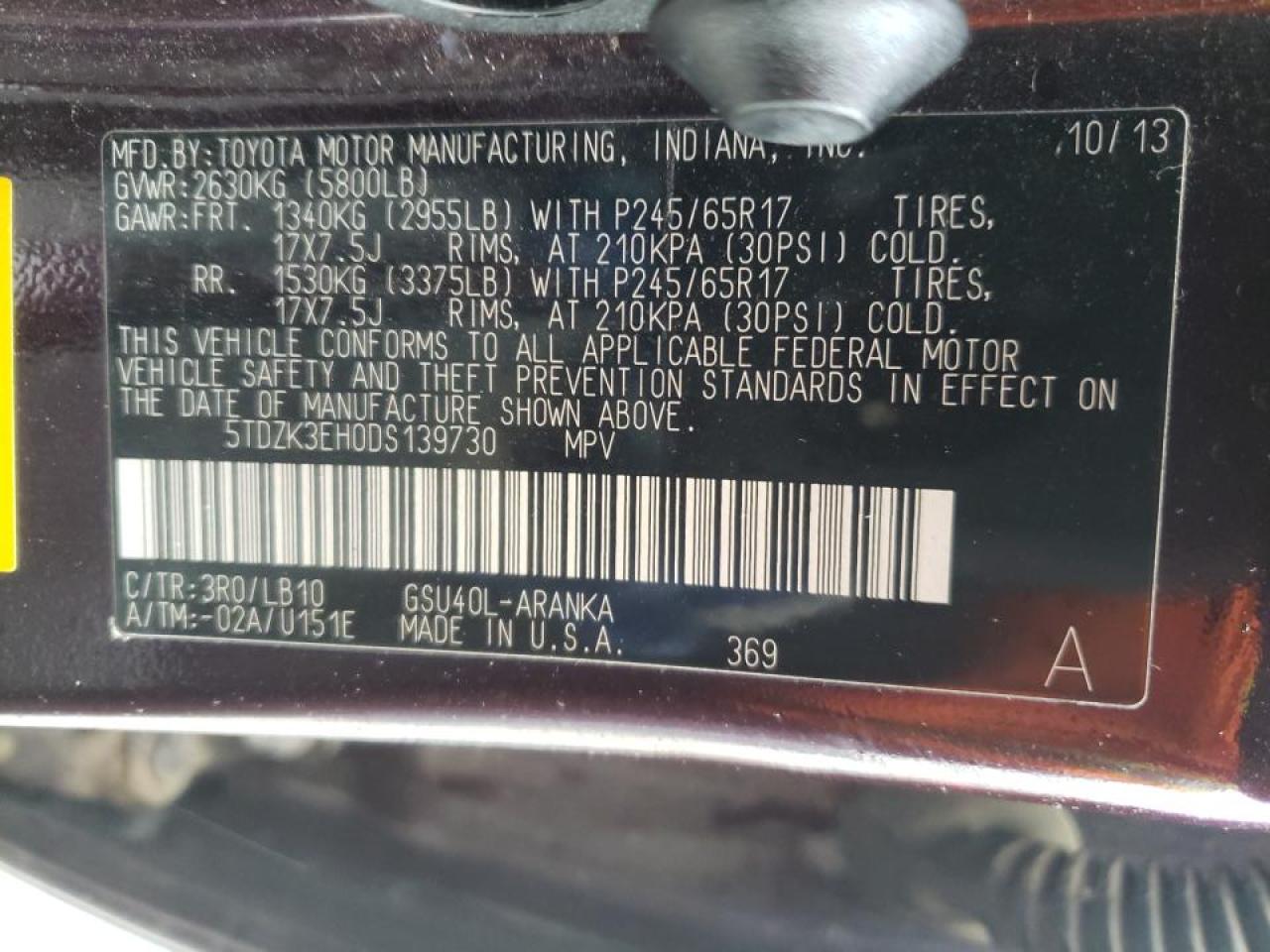 Photo 10 from auction – 2013 TOYOTA HIGHLANDER with VIN 5TDZK3EH0DS139730