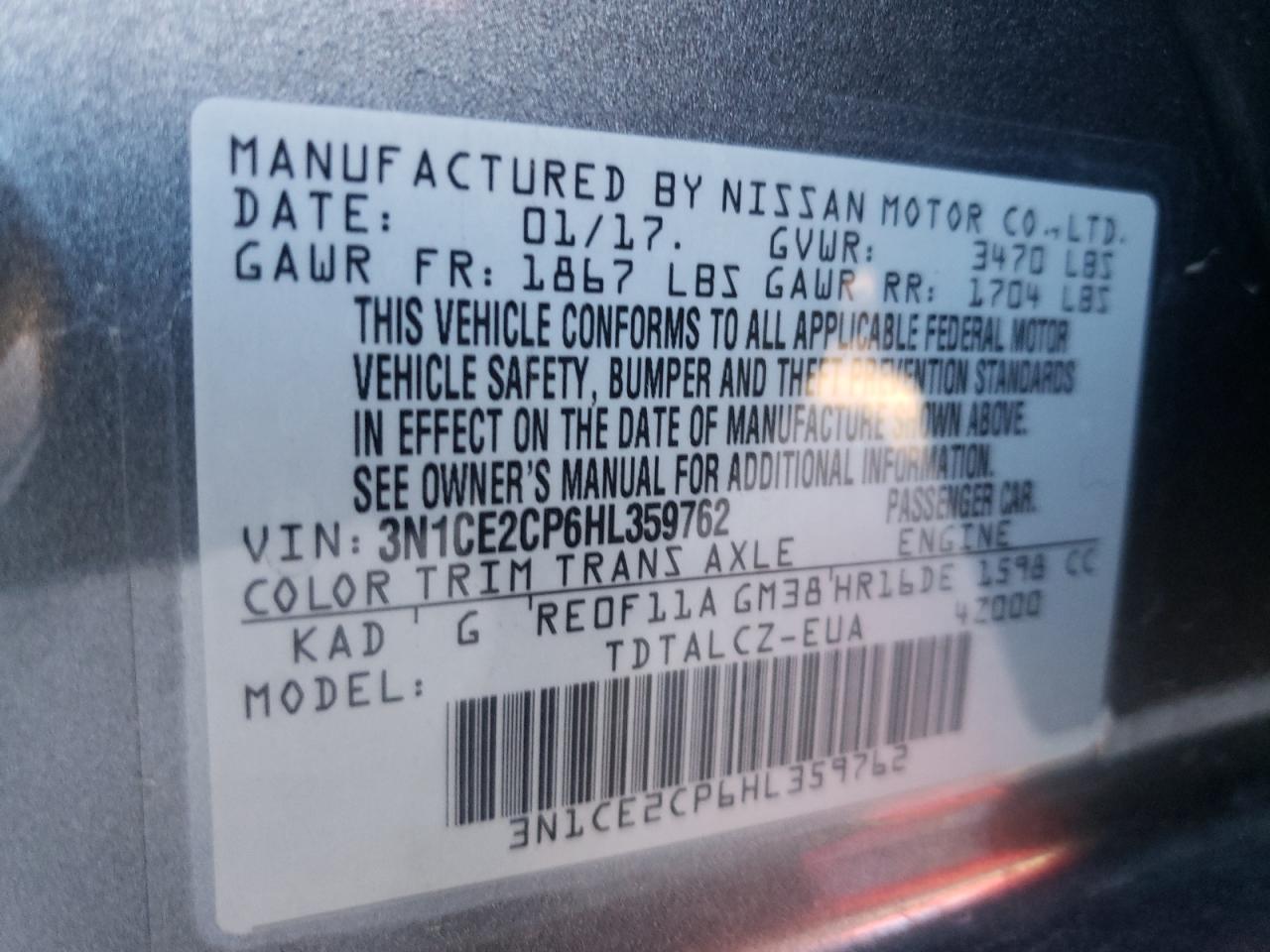 Photo 10 from auction – 2017 NISSAN VERSA NOTE with VIN 3N1CE2CP6HL359762