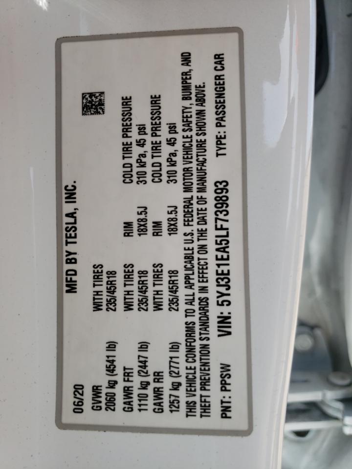 Photo 10 from auction – 2020 TESLA MODEL 3 with VIN 5YJ3E1EA5LF739893