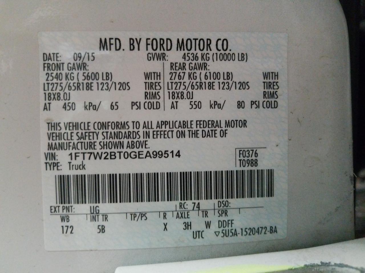 Photo 10 from auction – 2016 FORD F250 SUPER with VIN 1FT7W2BT0GEA99514