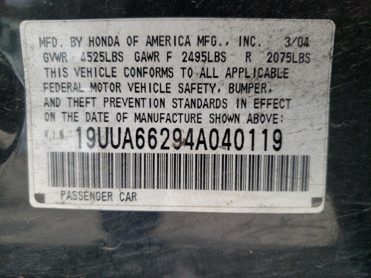 Photo 10 from auction – 2004 ACURA TL with VIN 19UUA66294A040119
