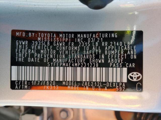 Photo 10 from auction – 2021 TOYOTA COROLLA LE with VIN 5YFEPMAE4MP231238