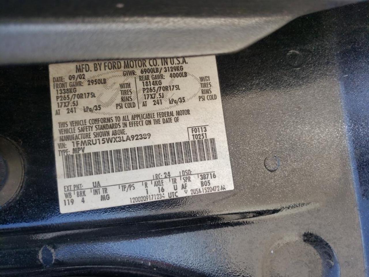 Photo 10 from auction – 2003 FORD EXPEDITION with VIN 1FMRU15WX3LA92389