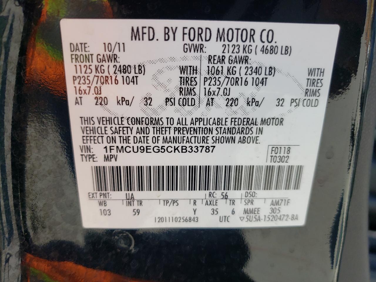 Foto 10 de la subasta – 2012 FORD ESCAPE LIM con VIN 1FMCU9EG5CKB33787