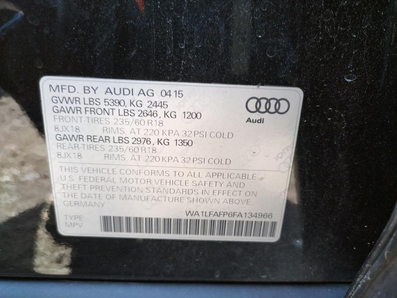Photo 10 from auction – 2015 AUDI Q5 PREMIUM with VIN WA1LFAFP6FA134966