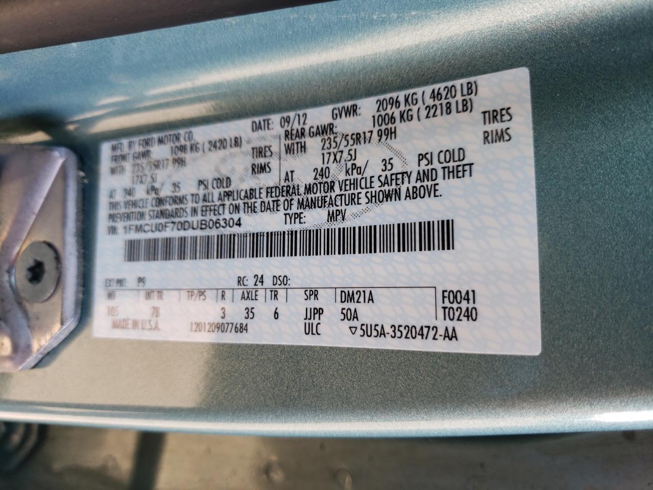 Foto 10 de la subasta – 2013 FORD ESCAPE S con VIN 1FMCU0F70DUB06304