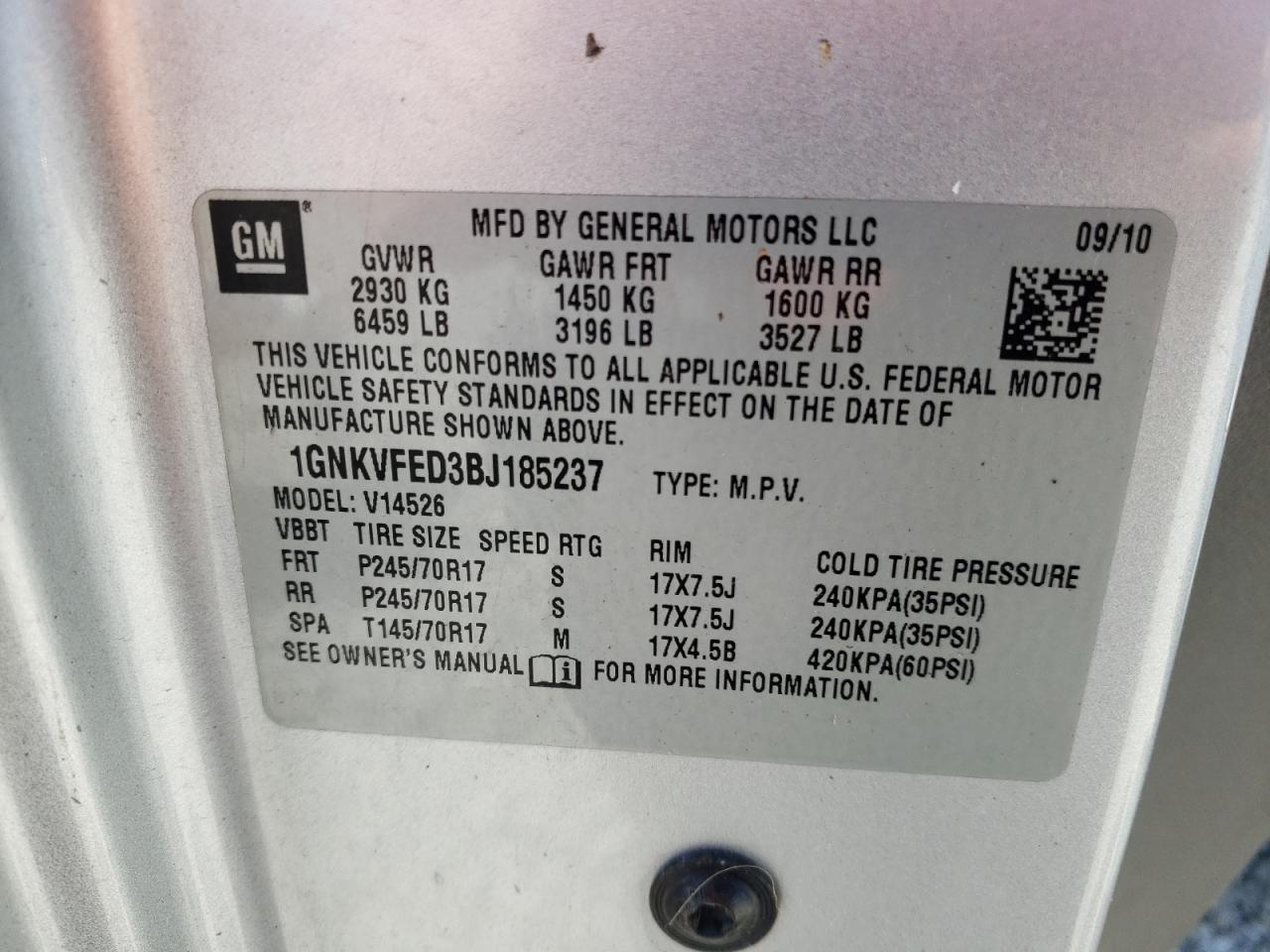 Photo 10 from auction – 2011 CHEVROLET TRAVERSE L with VIN 1GNKVFED3BJ185237