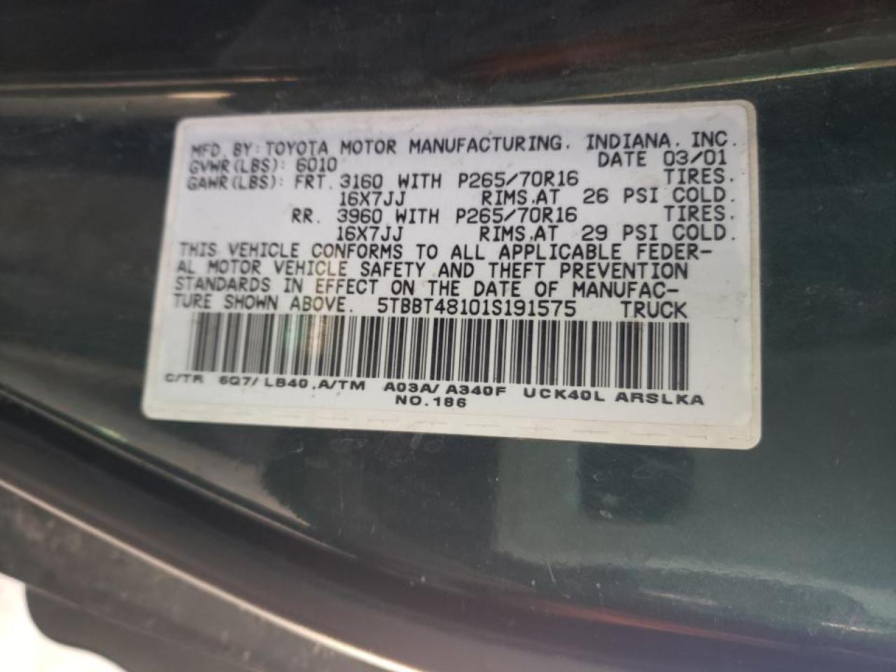 Photo 10 from auction – 2001 TOYOTA TUNDRA ACC with VIN 5TBBT48101S191575