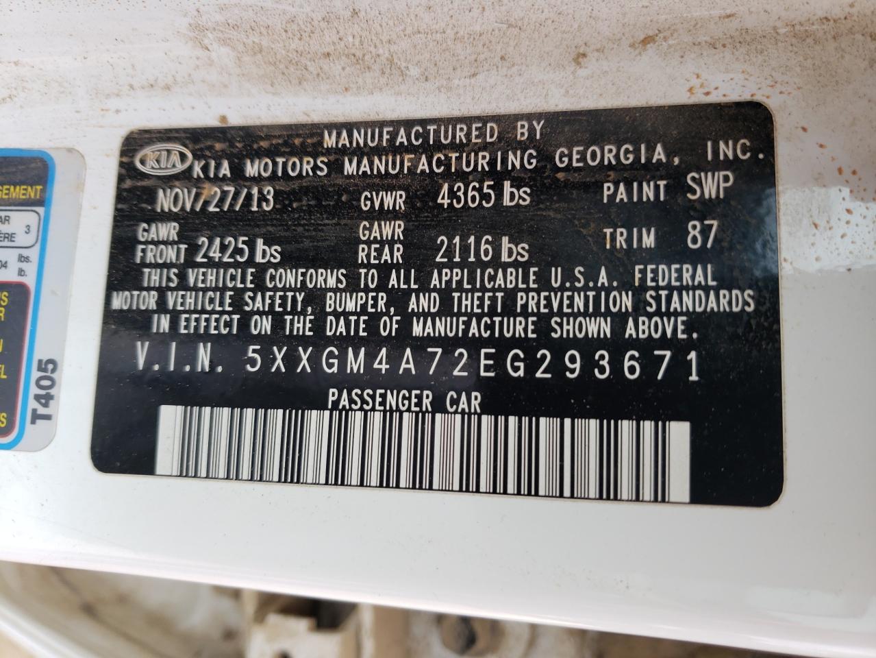 Photo 10 from auction – 2014 KIA OPTIMA LX with VIN 5XXGM4A72EG293671
