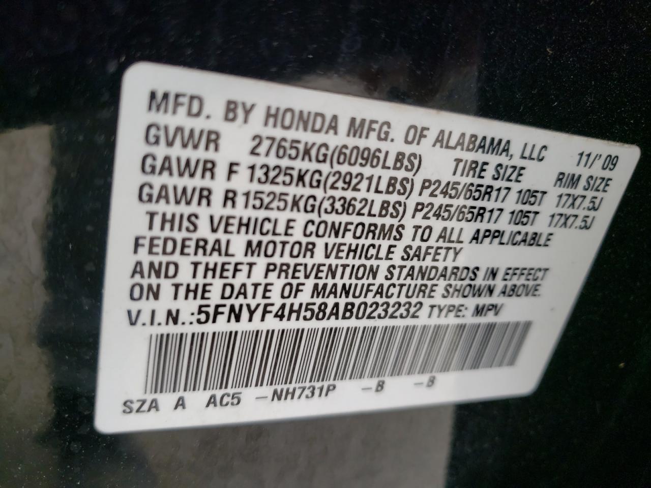 Photo 10 from auction – 2010 HONDA PILOT EXL with VIN 5FNYF4H58AB023232