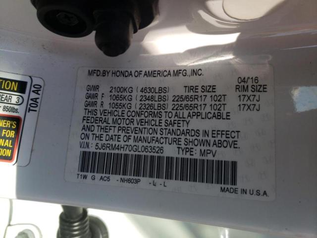 Photo 10 from auction – 2016 HONDA CR-V EXL with VIN 5J6RM4H70GL063526