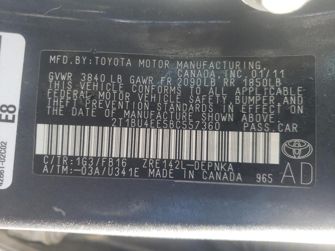 Photo 10 from auction – 2011 TOYOTA COROLLA BA with VIN 2T1BU4EE5BC557360