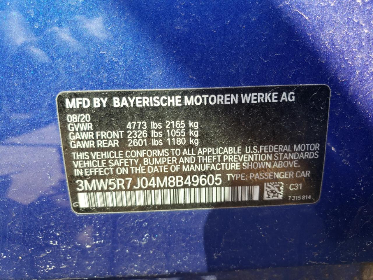 Photo 10 from auction – 2021 BMW 330XI with VIN 3MW5R7J04M8B49605