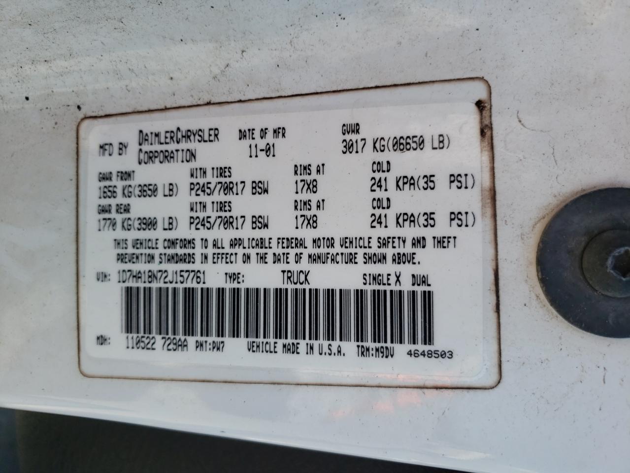 Photo 10 from auction – 2002 DODGE RAM 1500 with VIN 1D7HA18N72J157761
