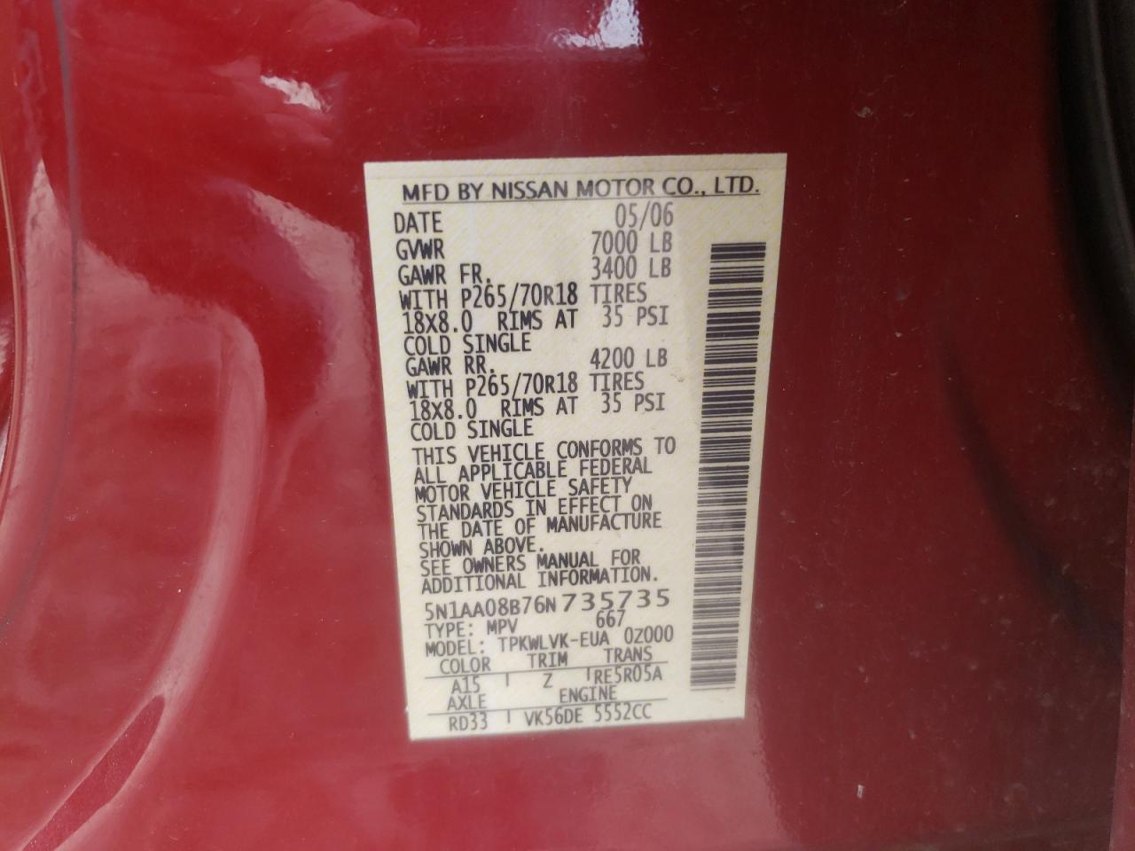 Photo 10 from auction – 2006 NISSAN ARMADA SE with VIN 5N1AA08B76N735735