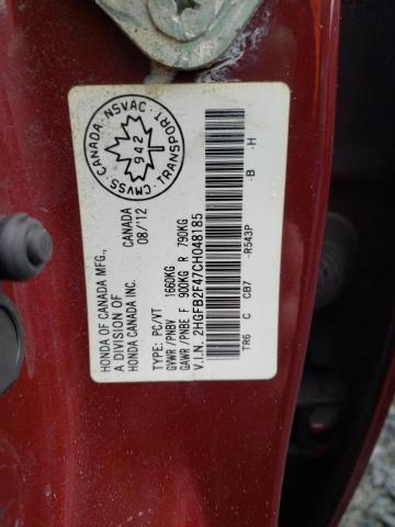 Photo 10 from auction – 2012 HONDA CIVIC LX with VIN 2HGFB2F47CH048185