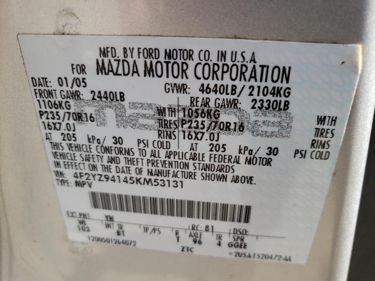 Photo 10 from auction – 2005 MAZDA TRIBUTE S with VIN 4F2YZ94145KM53131