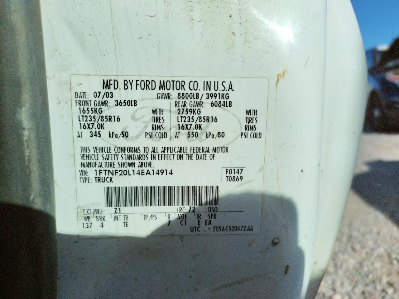 Photo 10 from auction – 2004 FORD F250 SUPER with VIN 1FTNF20L14EA14914