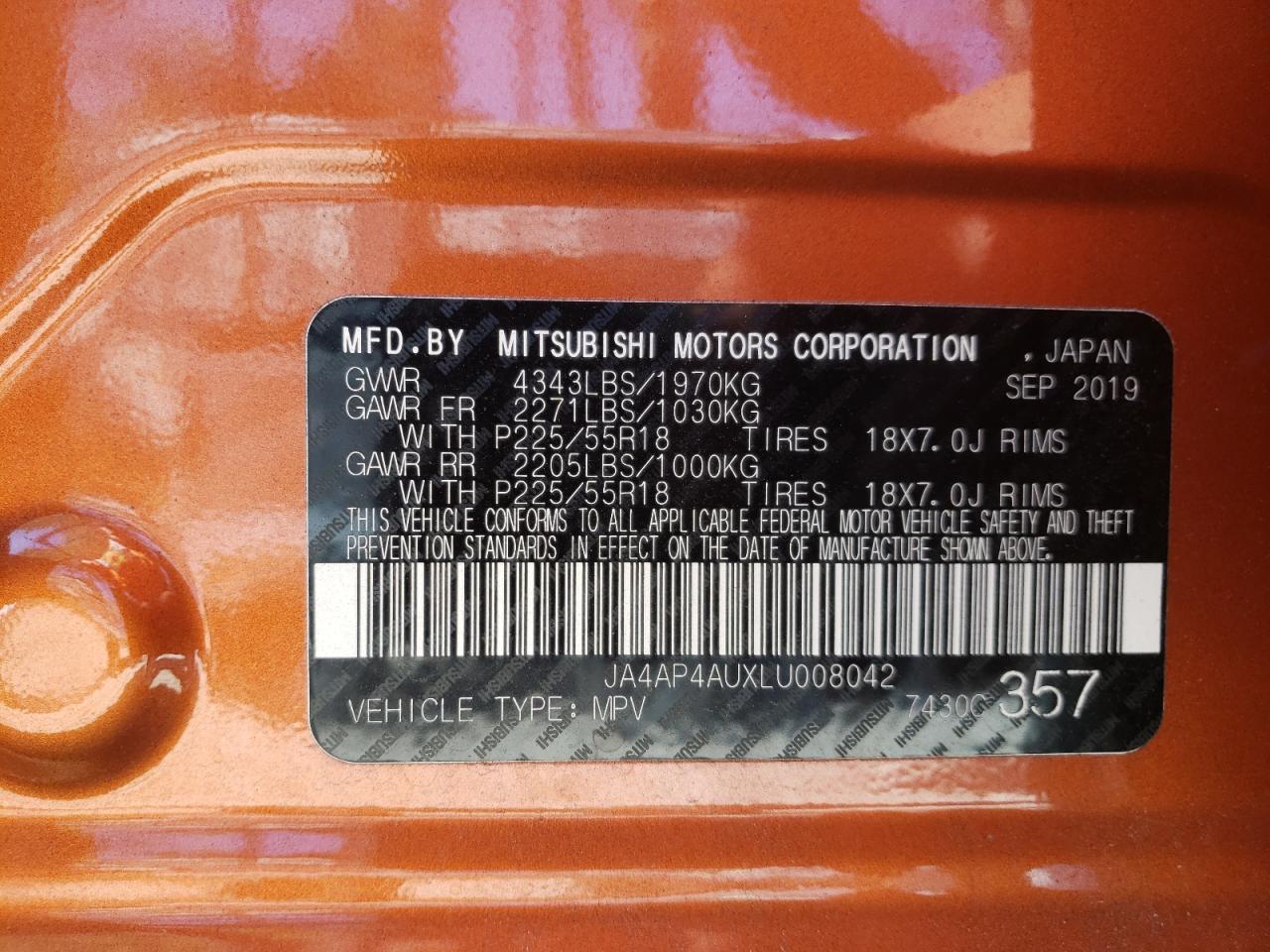 Photo 10 from auction – 2020 MITSUBISHI OUTLANDER with VIN JA4AP4AUXLU008042