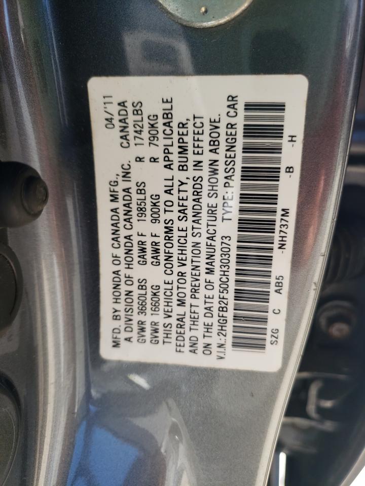 Photo 10 from auction – 2012 HONDA CIVIC LX with VIN 2HGFB2F50CH303073