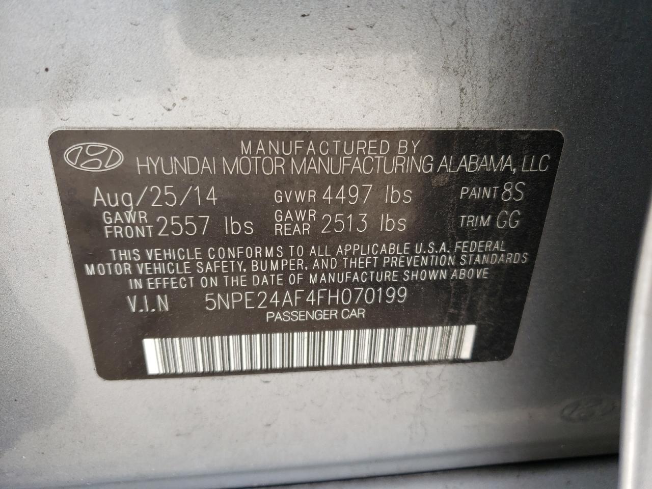 Photo 10 from auction – 2015 HYUNDAI SONATA SE with VIN 5NPE24AF4FH070199