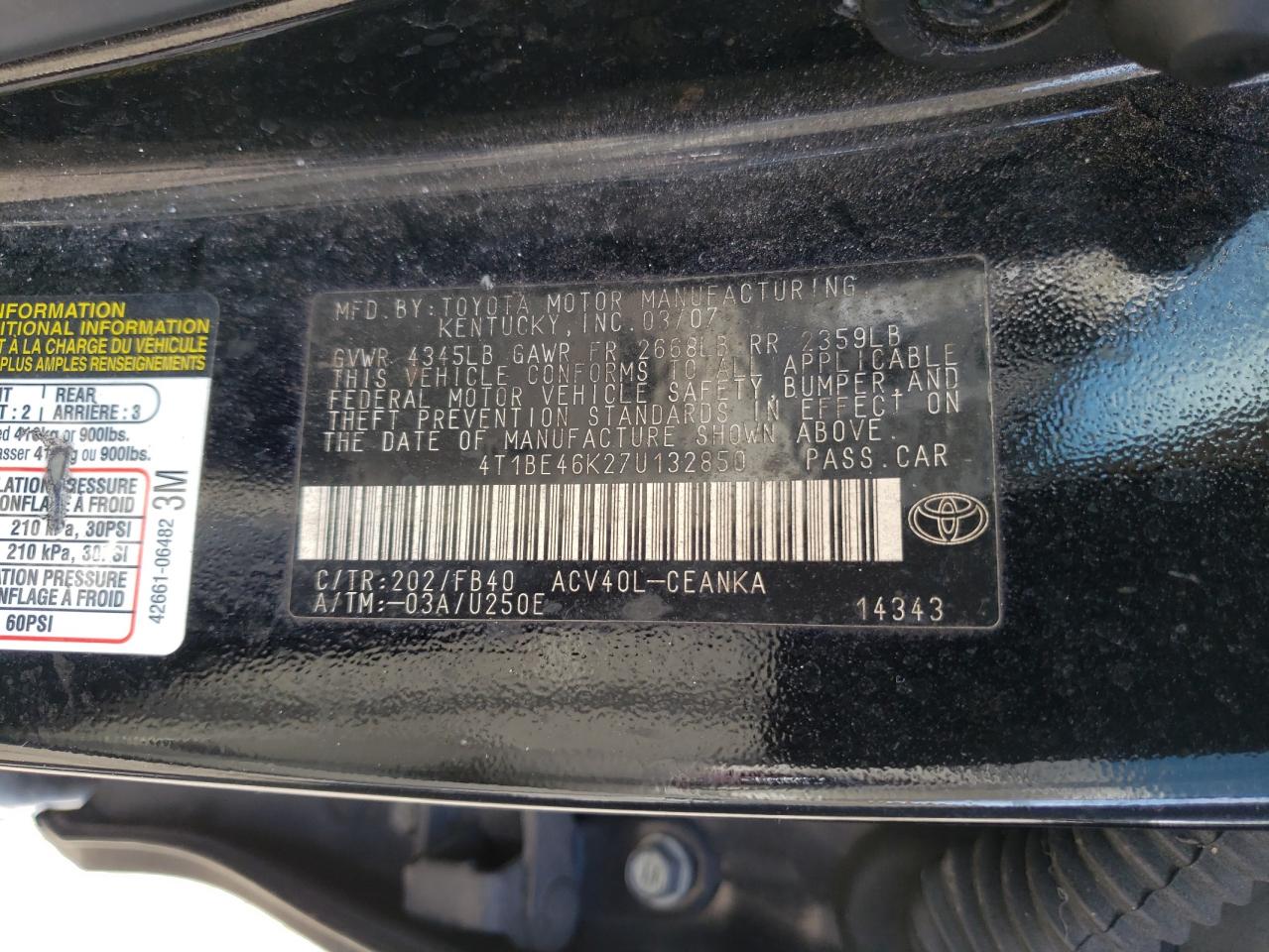Photo 10 from auction – 2007 TOYOTA CAMRY with VIN 4T1BE46K27U132850