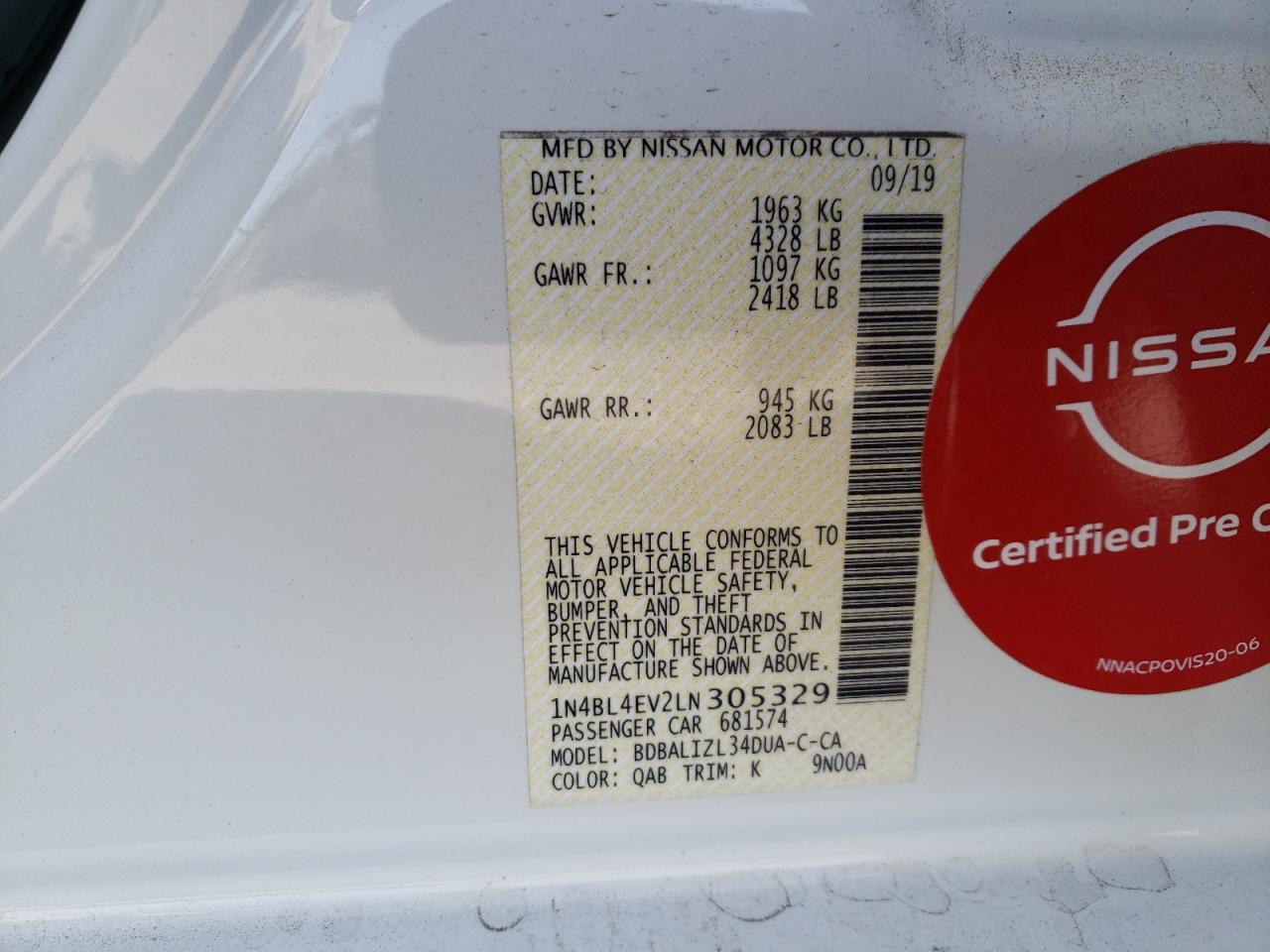 Photo 10 from auction – 2020 NISSAN ALTIMA SL with VIN 1N4BL4EV2LN305329