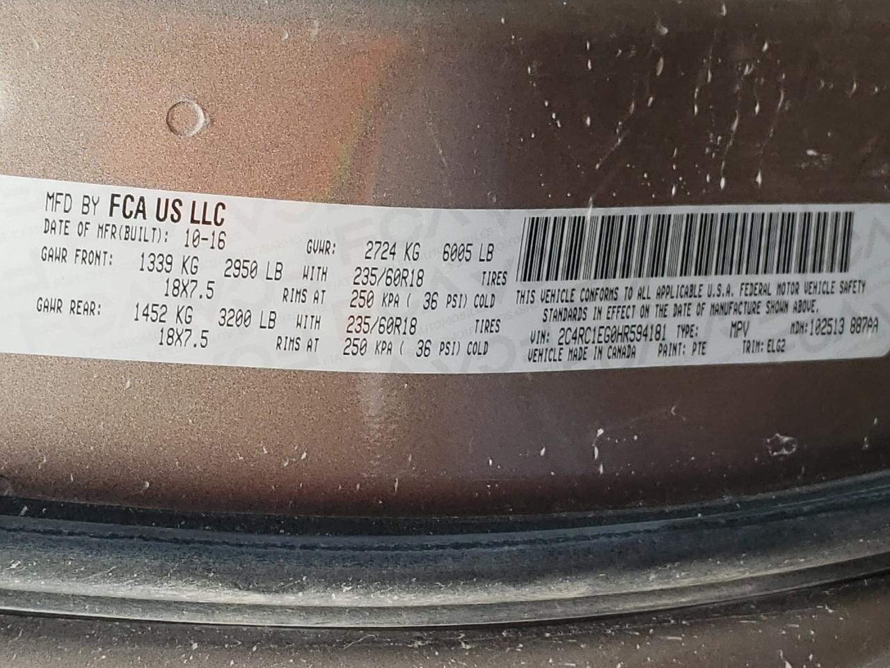 Photo 10 from auction – 2017 CHRYSLER PACIFICA T with VIN 2C4RC1EG0HR594181