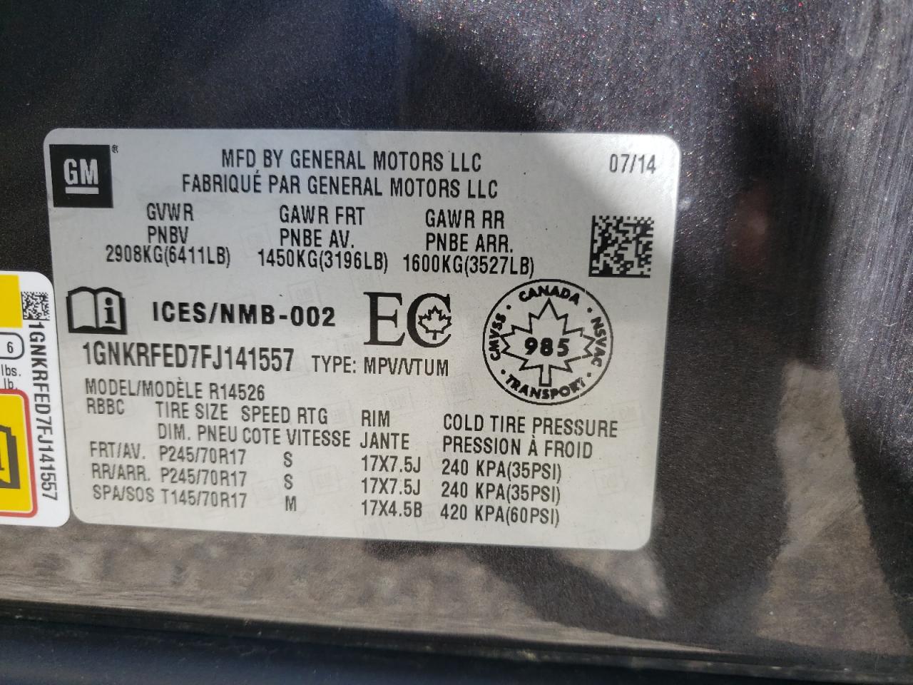 Photo 10 from auction – 2015 CHEVROLET TRAVERSE L with VIN 1GNKRFED7FJ141557