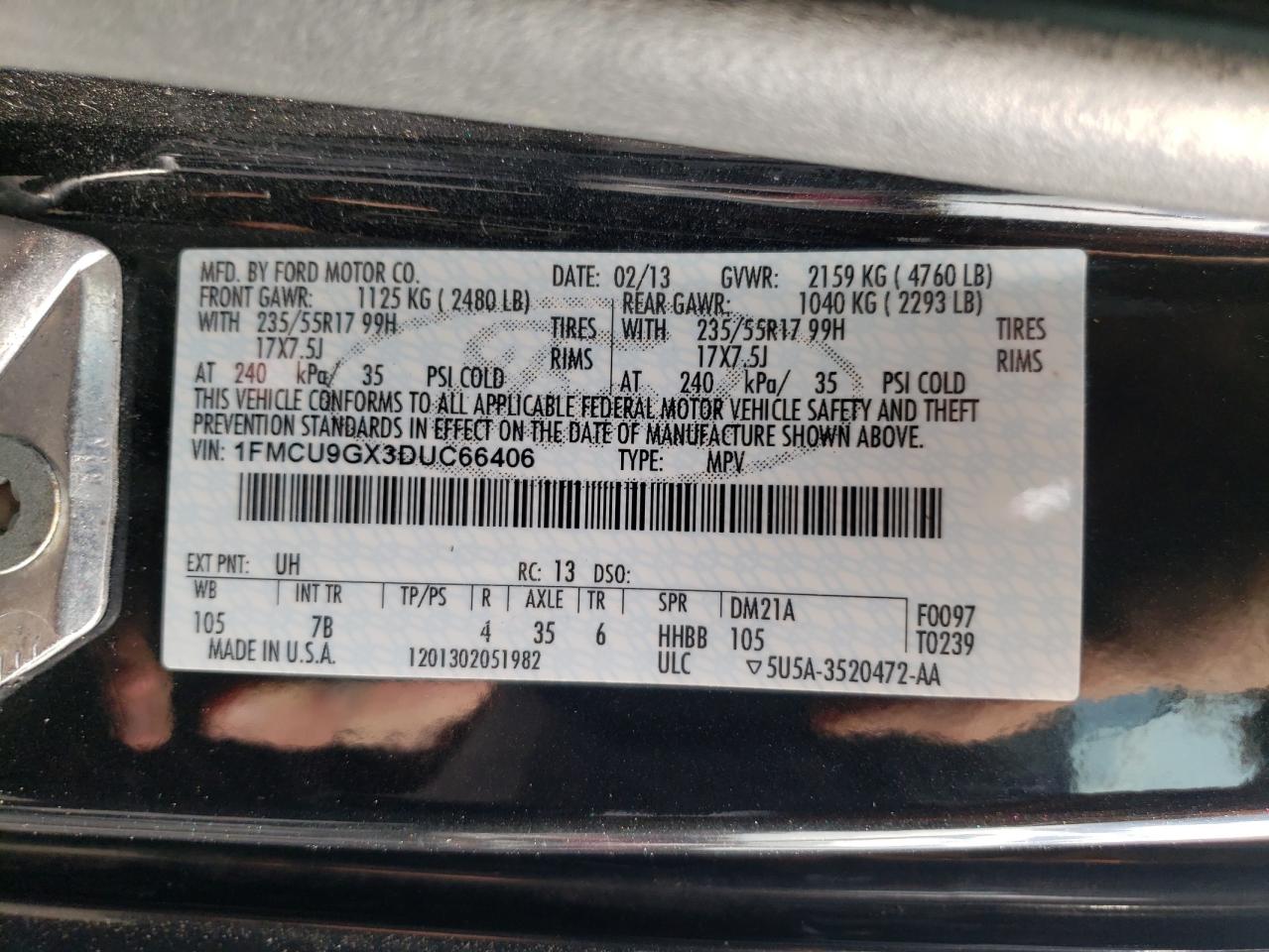 Photo 10 from auction – 2013 FORD ESCAPE SE with VIN 1FMCU9GX3DUC66406