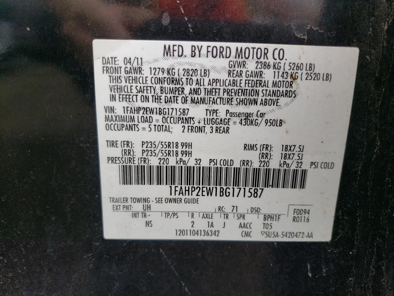 Photo 10 from auction – 2011 FORD TAURUS SEL with VIN 1FAHP2EW1BG171587