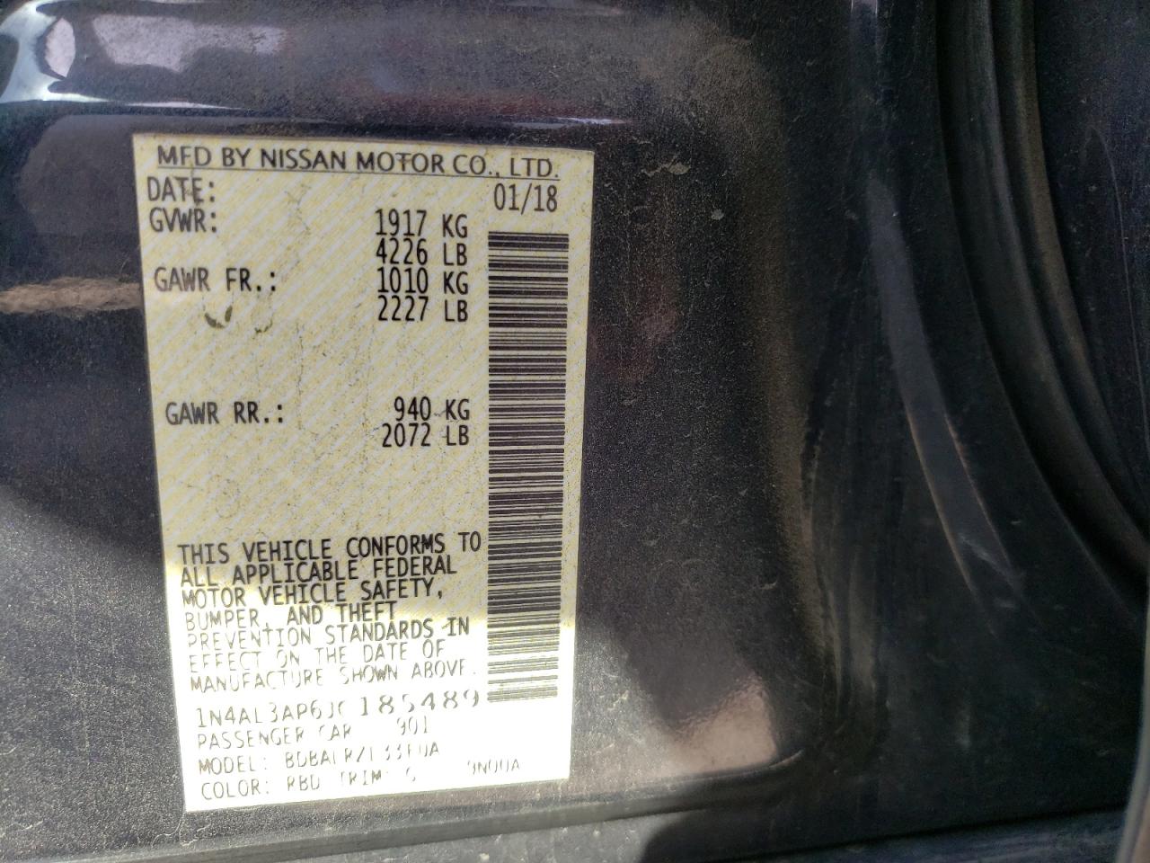 Photo 10 from auction – 2018 NISSAN ALTIMA 2.5 with VIN 1N4AL3AP6JC185489
