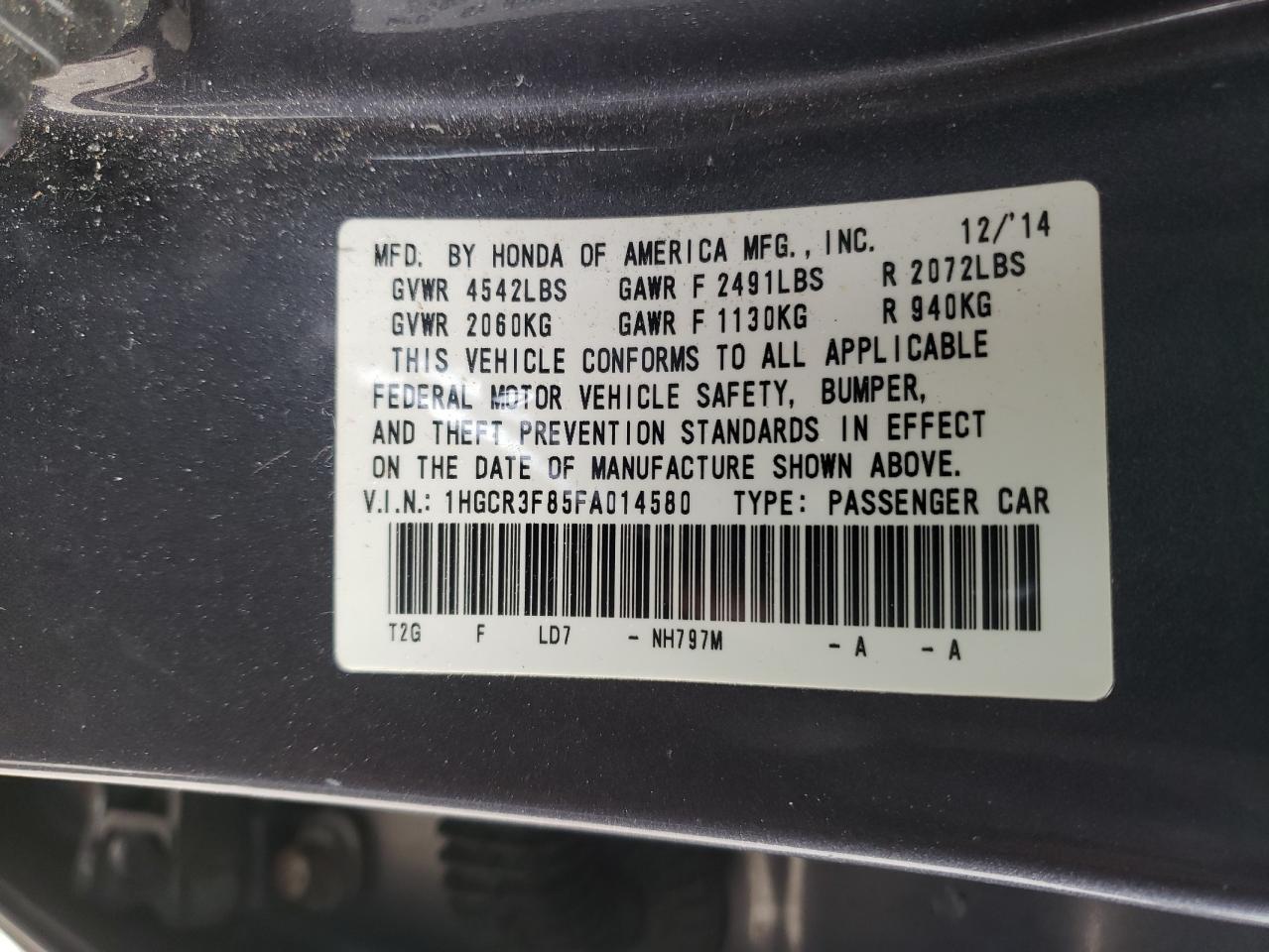 Photo 10 from auction – 2015 HONDA ACCORD EXL with VIN 1HGCR3F85FA014580