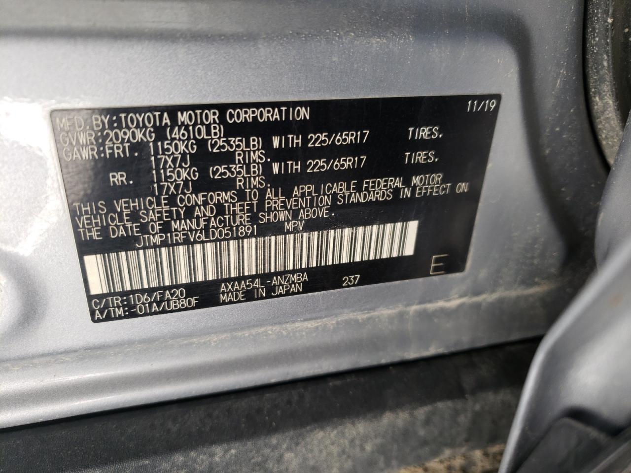 Photo 10 from auction – 2020 TOYOTA RAV4 XLE with VIN JTMP1RFV6LD051891