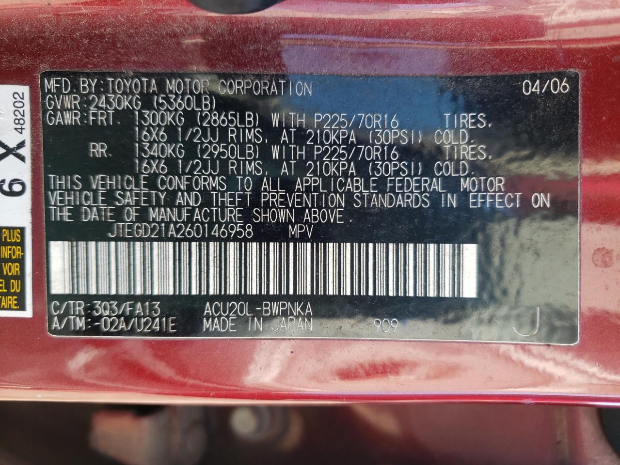 Photo 10 from auction – 2006 TOYOTA HIGHLANDER with VIN JTEGD21A260146958