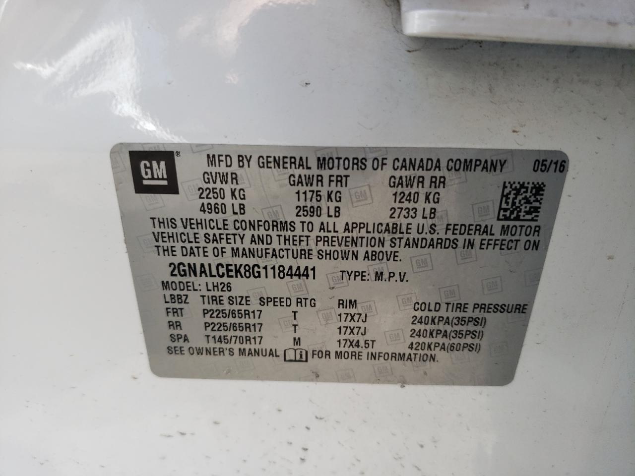 Photo 10 from auction – 2016 CHEVROLET EQUINOX LT with VIN 2GNALCEK8G1184441