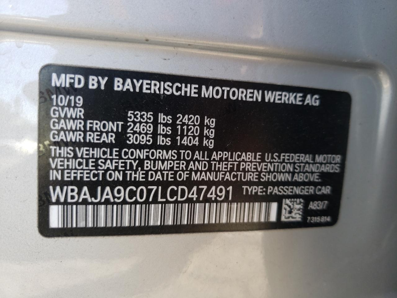 Photo 10 from auction – 2020 BMW 530E with VIN WBAJA9C07LCD47491