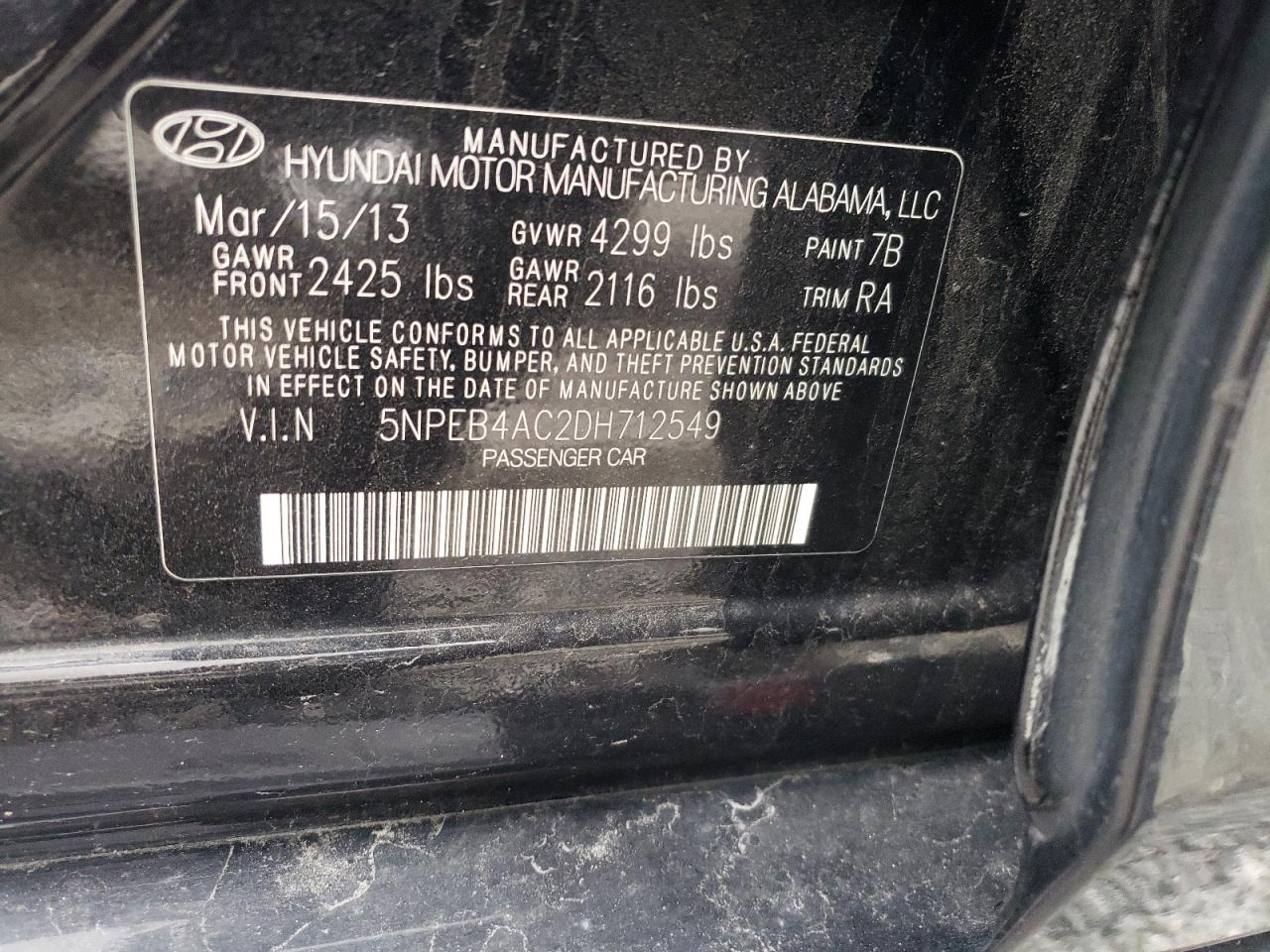 Photo 10 from auction – 2013 HYUNDAI SONATA GLS with VIN 5NPEB4AC2DH712549