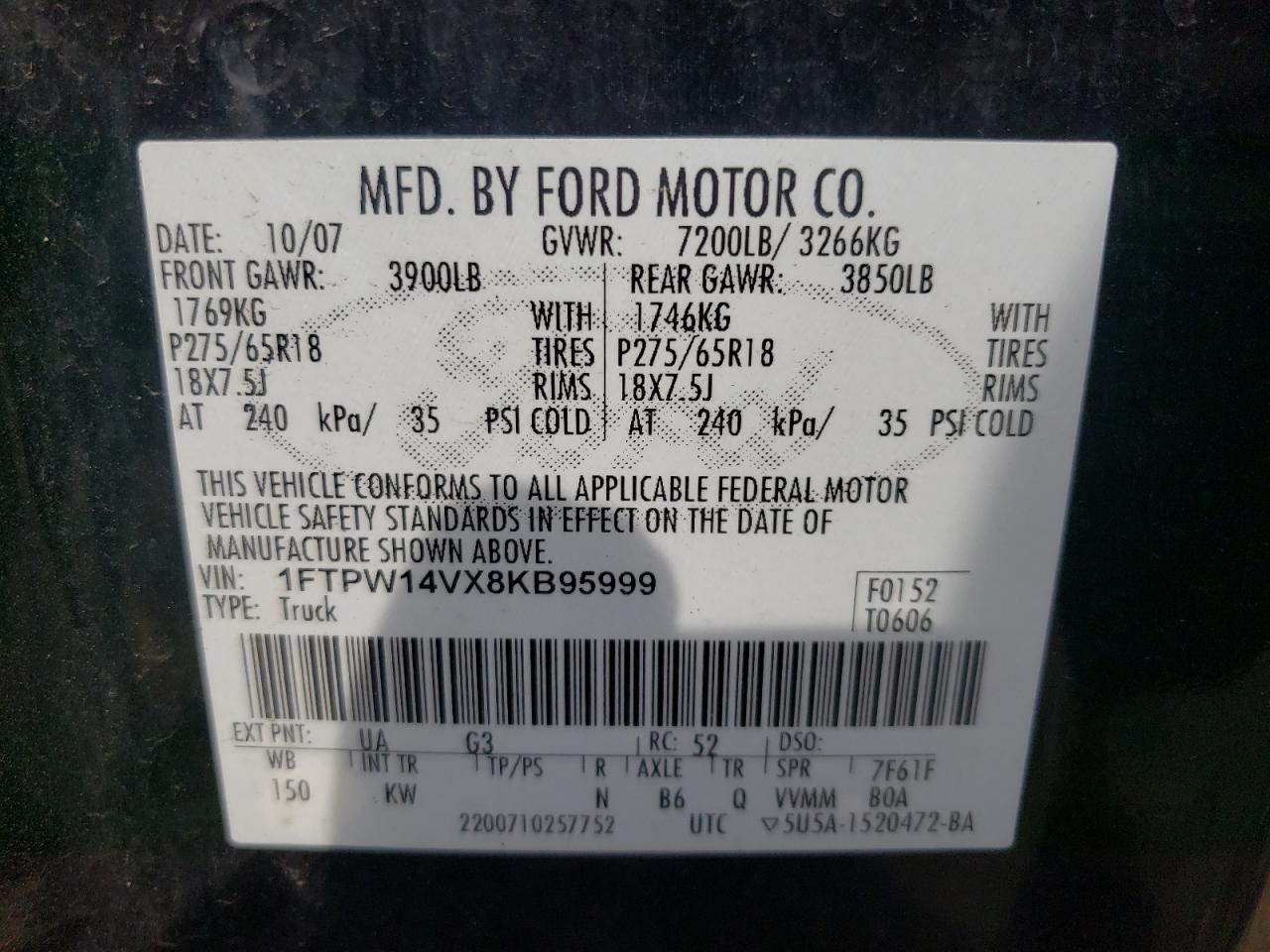 Photo 10 from auction – 2008 FORD F150 SUPER with VIN 1FTPW14VX8KB95999