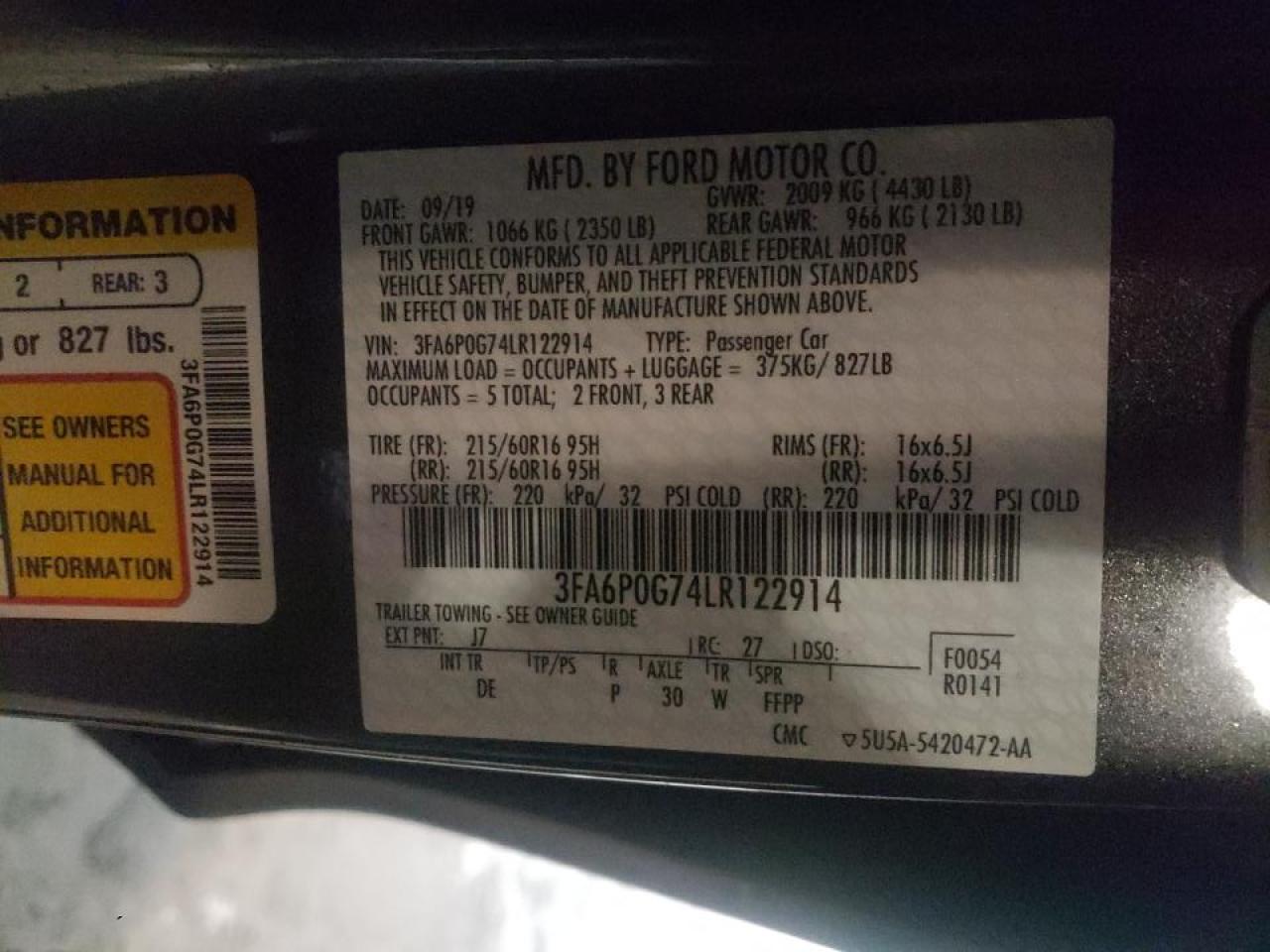 Photo 10 from auction – 2020 FORD FUSION S with VIN 3FA6P0G74LR122914