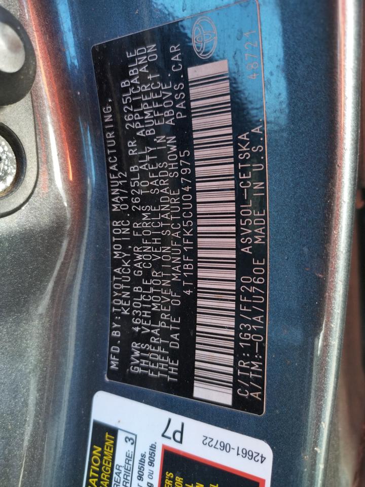Photo 10 from auction – 2012 TOYOTA CAMRY BASE with VIN 4T1BF1FK5CU047975